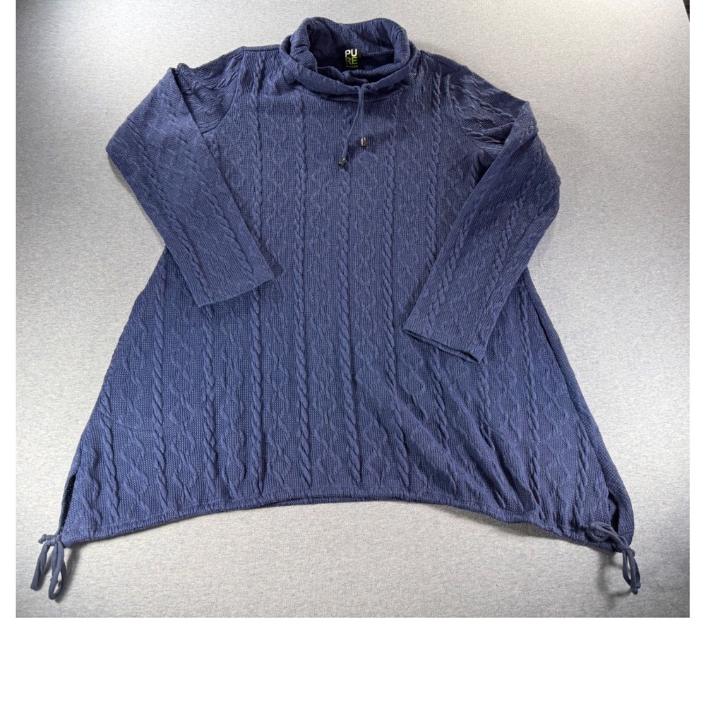Pure Essence Blue Cable Knit Cowl Neck Tunic Sweater Side Ties 532-4891 M